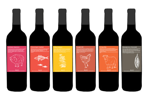 Food pairing theme for the Clos Monicord 2015 fine Bordeaux wine labels